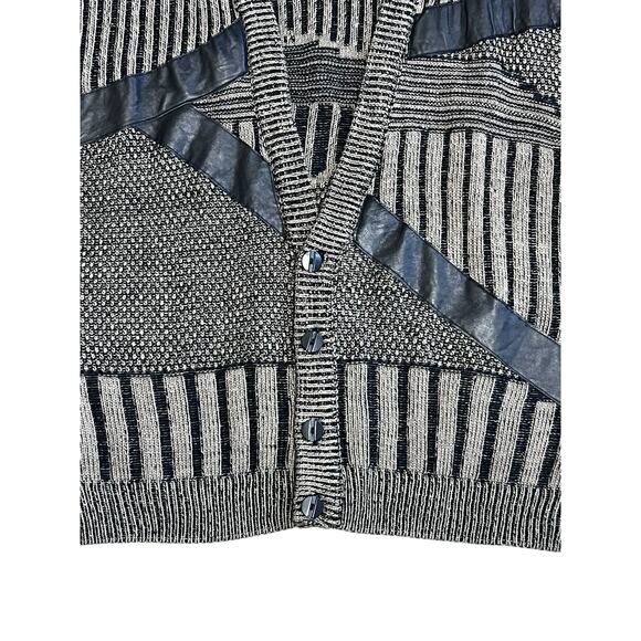Vintage 90s Marquis Cardigan Sweater Patchwork Leather Grunge Rock XL Korea - Picture 3 of 5